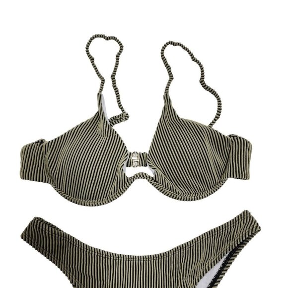 Striped Olive Green Womens Swimsuit Bikini Set Padded Top High-Cut Bottoms SZ M - Picture 4 of 5
